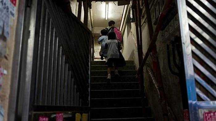 Lối cầu thang dẫn lên căn nhà nằm ở tầng thượng của chung cư cao tầng