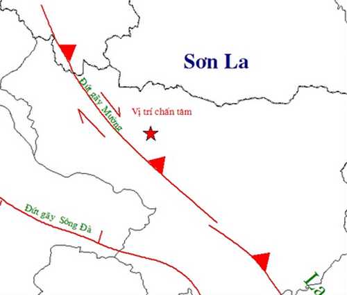  Vị trí tâm chấn động đất huyện Mường La, Sơn La lúc 19h14. Ảnh: Viện Vật lý địa cầu.