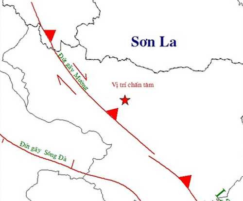  Vị trí tâm chấn động đất huyện Mường La, Sơn La lúc 19h14. Ảnh: Viện Vật lý địa cầu.