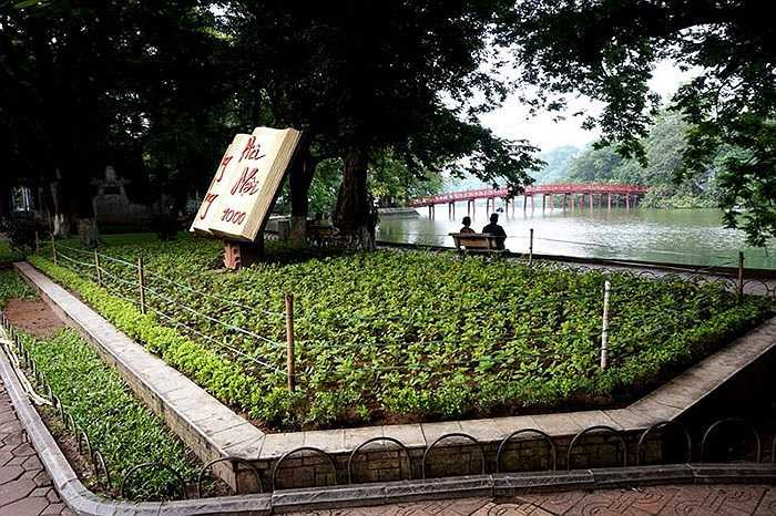 Bồn hoa bên Hồ Gươm đã được rào dậu bằng cọc tre và dây nilon từ lâu.