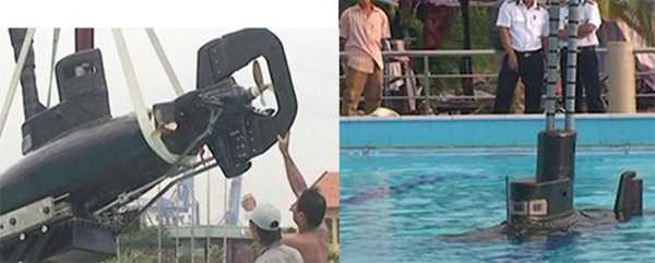 Tàu ngầm do ông Phan Bội Trân chế tạo đang thử nghiệm năm 2012 (ảnh 1) và thử nghiệm thành công tại Trường Trung cấp Kỹ thuật Hải Quân TPHCM (ảnh 2)