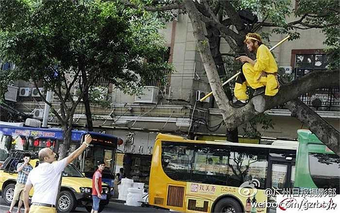 Hình ảnh một chàng trai hóa thân thành nhân vật được yêu thích là Tôn Ngộ Không trèo cây múa võ trên phố Quảng Châu (Trung Quốc) thu hút sự chú ý của người qua đường