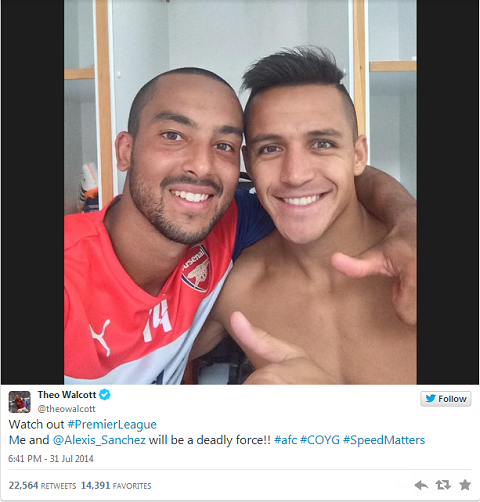 Walcott 'tự sướng' cùng Sanchez trên Twitter