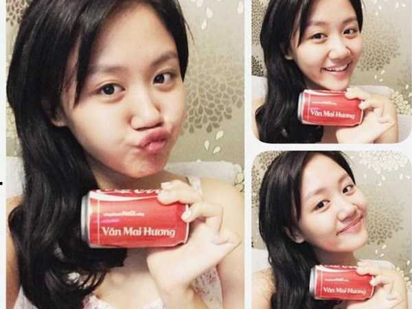 Văn Mai Hương “tự sướng” với lon Coca-Cola in tên mình.