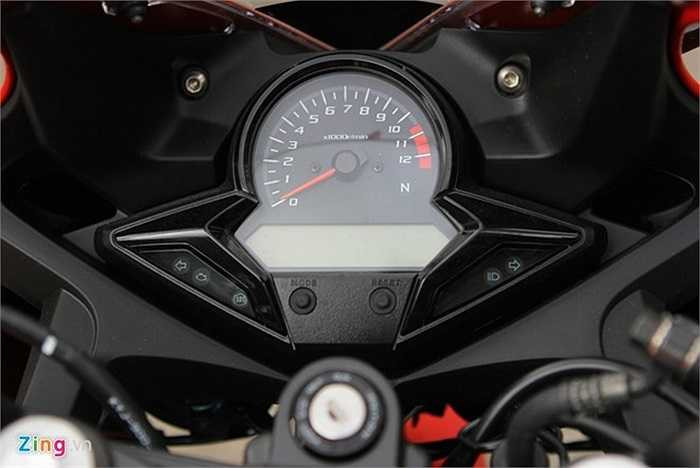 Cụm đồng hồ thiết kế khá to, kết hợp dạng analog và điện tử. Đồng hồ analog có chức năng báo vòng tua máy. 