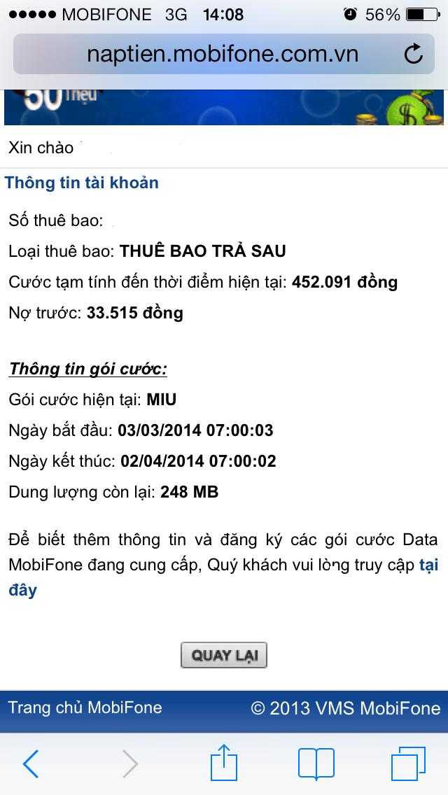 Dữ liệu được trả về đầy đủ cho người dùng khi tra cứu thông tin thuê bao.