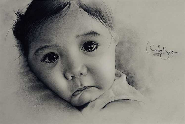 Bức vẽ trẻ em đầu tiên. Một bức tranh em bé với đôi mắt trong veo.