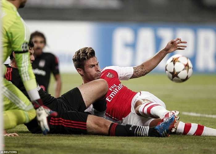 Oliver Giroud thi đấu mờ nhạt trong trận Arsenal gặp Besiktas