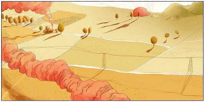 Phương Tây đỏ rực như lửa cháy và những đám mây ánh hồng như hòn than sắp tàn. Dãy tre làng trước mặt đen lại và cắt hình rơ rệt trên nền trời. Chiều, chiều rồi. Một chiều êm ả như ru, văng vẳng tiếng ếch nhái kêu ran ngoài đồng ruộng theo gió nhẹ đưa vào. Trong cửa hàng hơi tối, muỗi đã bắt đầu vo ve.