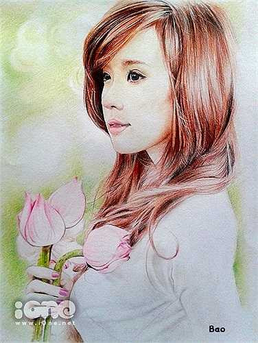 Bức tranh Midu mặc áo dài, cầm đóa sen là một trong những bức Bảo tâm đắc nhất.