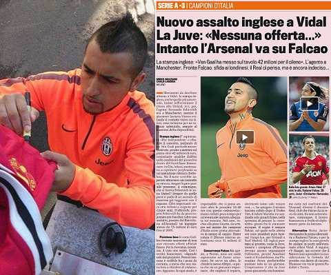 Vidal kí tặng áo đấu Man Utd và trang tin của tờ Gazzetta Dello Sport 