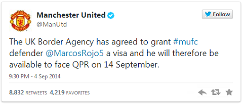 Trang Twitter của Man Utd đưa tin về Marcos Rojo