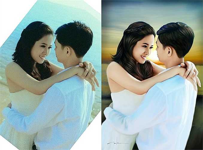 Nhóm của Tuấn cũng nhận chuyển thể từ ảnh cưới sang tranh vẽ. Hai bức ảnh không có nhiều sự khác biệt, thậm chí màu sắc của tranh vẽ còn đẹp hơn cả ảnh thật. 