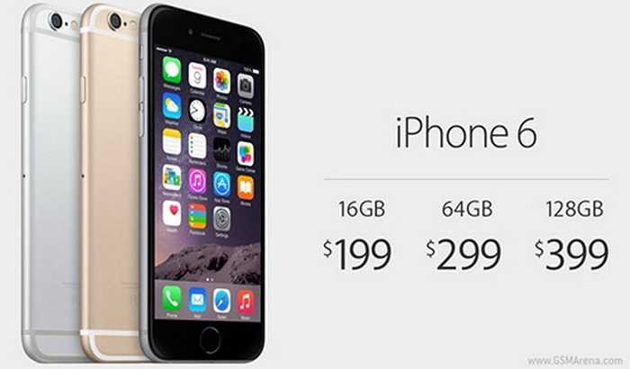 iPhone 6 có giá 199 USD cho bản 16 GB, 299 USD cho bản 64GB và 399 USD cho bản 128 GB. Đi kèm với đó là hợp đồng 2 năm với nhà mạng.