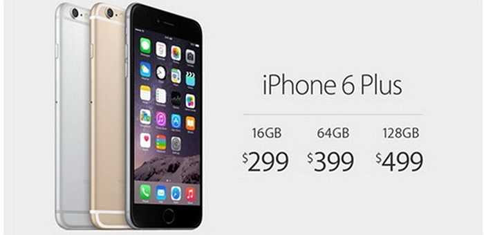 iPhone 6 Plus có giá 299 USD cho bản 16 GB, 399 USD cho bản 64GB và 499 USD cho bản 128 GB. Đi kèm với đó là hợp đồng 2 năm với nhà mạng.