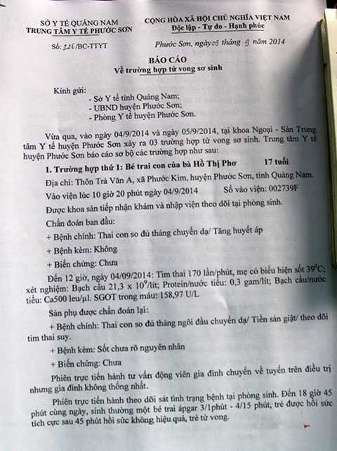 Quảng Nam, trẻ sơ sinh, tử vong, Trung tâm y tế, Phước Sơn, chết