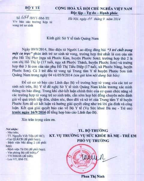 Quảng Nam, Phước Sơn, Trung tâm Y tế, Trẻ sơ sinh, tử vong, sản phụ, Bộ Y tế, làm rõ