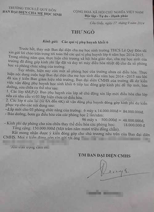 Thư ngỏ của ban phụ huynh trường THCS Lê Quý Đôn, Hà Nội về khoản đóng góp mua mới và bão dưỡng điều hòa