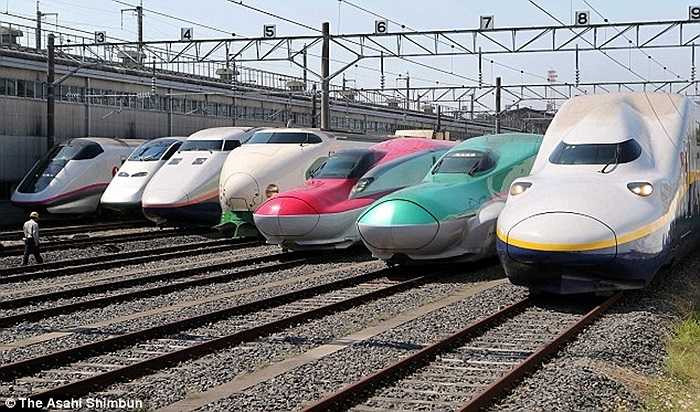 Các thế hệ thành công kế tiếp của tàu điện Shinkansen, (từ trái qua phải) gồm Komachi E3, E3 Tsubasa, E1 Max, 200, E6, E5, E4 Max được trưng bày tại Trung tâm Oyama Shinkansen, một nơi giống như bảo tàng đường sắt Nhật Bản