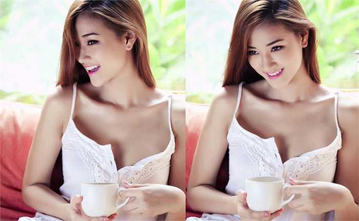 Cũng chụp ảnh với trang phục váy ngủ nhưng biểu cảm của Maya khiến trang phục này vẫn gợi cảm mà không kém phần trong sáng, tinh khôi. 