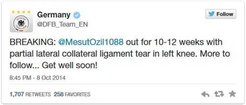 LĐBĐ Đức xác nhận thông tin Mesut Ozil dính chấn thương trên Twitter