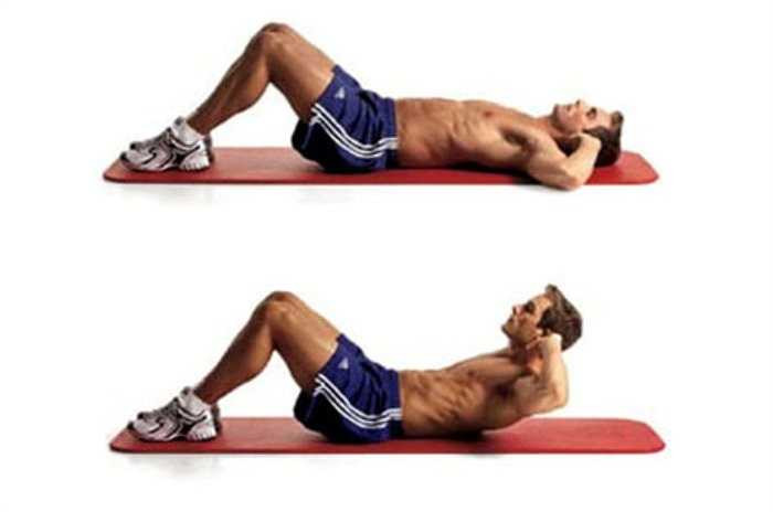 Gập bụng là động tác trực tiếp tác động một cách mạnh mẽ vào vùng dưới cũng như làm tăng nhịp tim của bạn để đốt cháy nhiều chất béo trong bụng của bạn. Nằm ngửa trên mặt đất, hơi cong gối lên và chân đặt thẳng trên mặt đất.