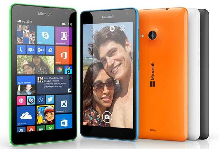Microsoft Lumia 535 có biệt danh 5x5x5, trang bị màn hình IPS LCD 5 inch độ phân giải 960x540p, chip lõi tứ Qualcomm Snapdragon 200 tốc độ 1,2 GHz, RAM 1 GB, bộ nhớ trong 8 GB có thể mở rộng thêm 128 GB qua khe cắm thẻ microSD. 