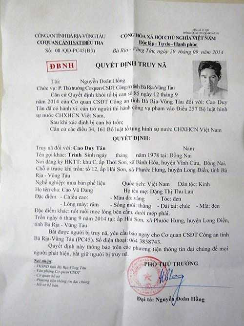 Truy nã 'trùm' giang hồ Bà Rịa - Vũng Tàu