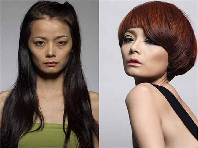 Một màn thay đổi thành công khác của VNTM là kiểu tóc của Hoàng Oanh. Hy sinh mái tóc đen, dài và để kiểu đầu ngắn nhuộm ánh đỏ, trông Hoàng Oanh đẹp và 'ăn hình' hơn nhiều. 