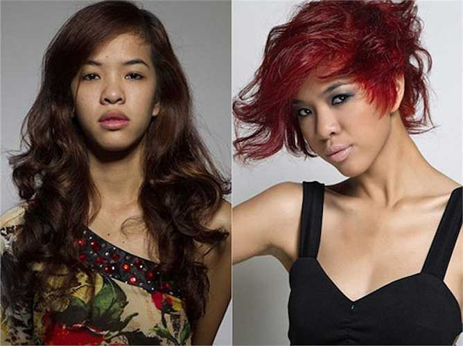 Kim Tuyến trông khá giống Rihanna sau khi cắt bỏ mái tóc xoăn dài để thử nghiệm với kiểu tóc đỏ rực bên ngắn, bên dài. 