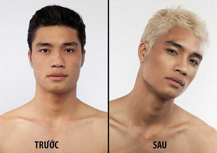 Mạnh Kiên cũng được khen ngợi là giống tượng thần Hy Lạp với kiểu tóc sáng màu ấn tượng này. 