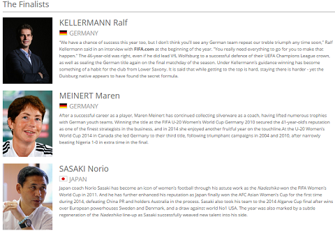 3 đề cử cuối cùng cho danh hiệu HLV đội bóng nữ xuất sắc nhất năm 2014.