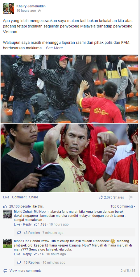 Bộ trưởng Thanh niên và Thể thao Malaysia - Khairy Jamaluddin gửi lời xin lỗi trên facebook cá nhân.