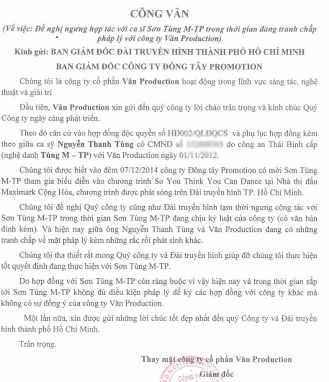 Văn bản gửi Đài truyền hình TP.HCM từ Văn Production.