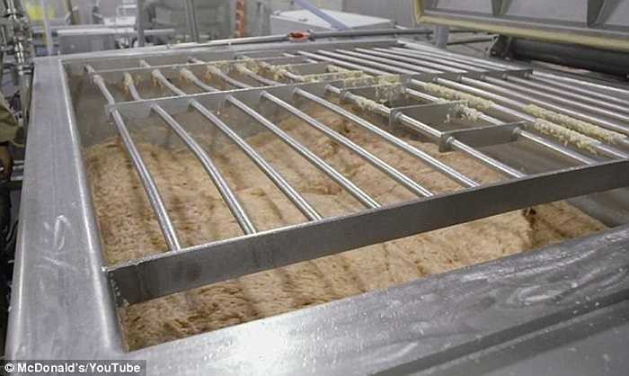 Thịt được nghiền nhuyễn trào ra từ máy xay và được đổ trực tiếp vào máy trộn. Sau đó, thịt gà xay được trộn đều với gia vị và da gà để lấy mùi.