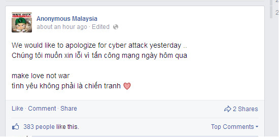 Hacker Anonymous Malaysia xin lỗi các website Việt bị tấn công