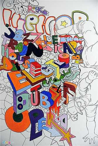 Ngoài ra anh Vũ Minh Tiến còn biến những khoảng tường trắng thành các mẫu Graffity đẹp với nhiều màu sắc để học sinh tha hồ selfie.