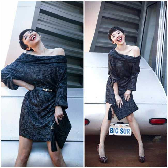 Cô cũng yêu chuộng mốt áo trễ vai.