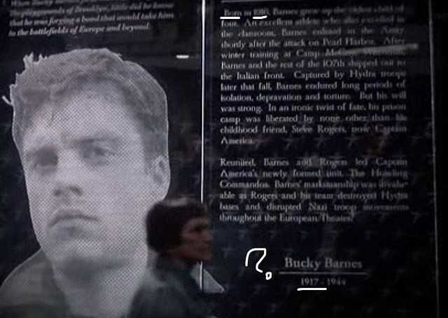 Bảng tiểu sử nói về nhân vật Bucky Barnes của bom tấn Captain America: The Winter Soldier (2014) có một sự nhầm lẫn. Ban đầu năm sinh của Bucky là 1916 nhưng ở cuối bảng lại ghi 1917.