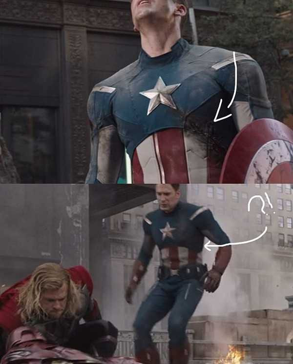 Trong bom tấn The Avengers (2012), khi đánh nhau quyết liệt với nhân vật Chitauri, bộ giáp suit của Captain bị hư hỏng đáng kể ở phía bên trái. Nhưng ở cảnh quay sau, bộ trang phục lành lặn như chưa từng bị hỏng hóc.