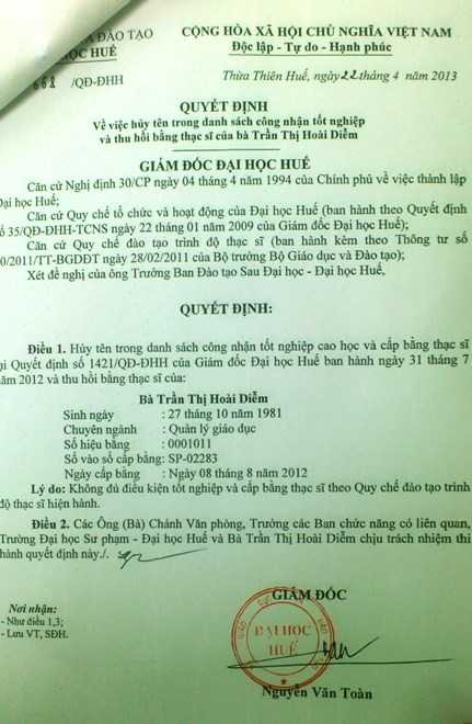  Quyết định thu hồi bằng thạc sĩ của bà Trần Thị Hoài Diễm. 