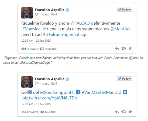 Faustino Asprilla cũng có những dòng Twitter chỉ trích Van Gaal