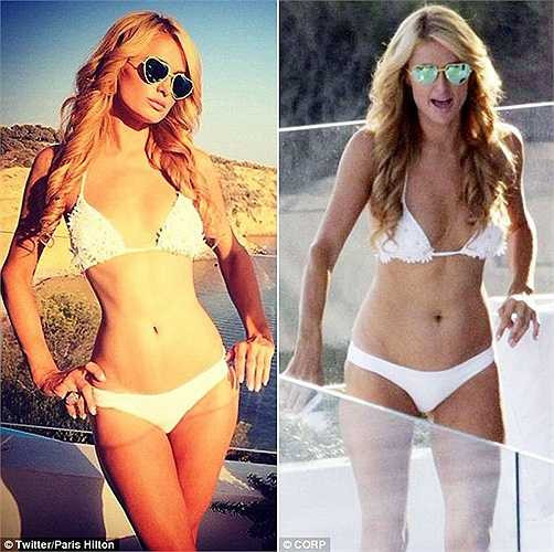 Trong kỳ nghỉ ở Ibiza cuối năm ngoái 2014, Paris Hilton đăng bức ảnh diện bikini trắng khoe vòng eo nhỏ xíu trên trang cá nhân. Tuy nhiên khi nhìn lại tấm hình paparazzi chụp được, vòng 2 đã được người đẹp thu nhỏ bằng phần mềm chỉnh sửa ảnh. (Theo Zing) 