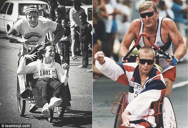 Rick trên chiếc xe lăn cùng cha mình - Dick tham dự các cuộc thi marathon