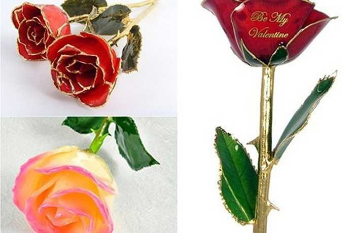 Hoa hồng mạ vàng viền cánh thực chất là những bông hoa hồng tươi, vẫn nguyên cành lá, sau đó, nhúng vào sơn mài để cánh hoa giữ nguyên màu sắc và sự tươi tắn. Mỗi cành hoa hồng dạng này dài 28 - 31cm, đựng trong một hộp nhỏ, khá thanh mảnh.