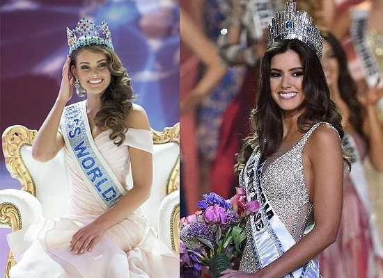 Khoảnh khắc đăng quang rạng ngời của Hoa hậu Thế giới Rolene Strauss và Hoa hậu Hoàn vũ Paulina Vega.