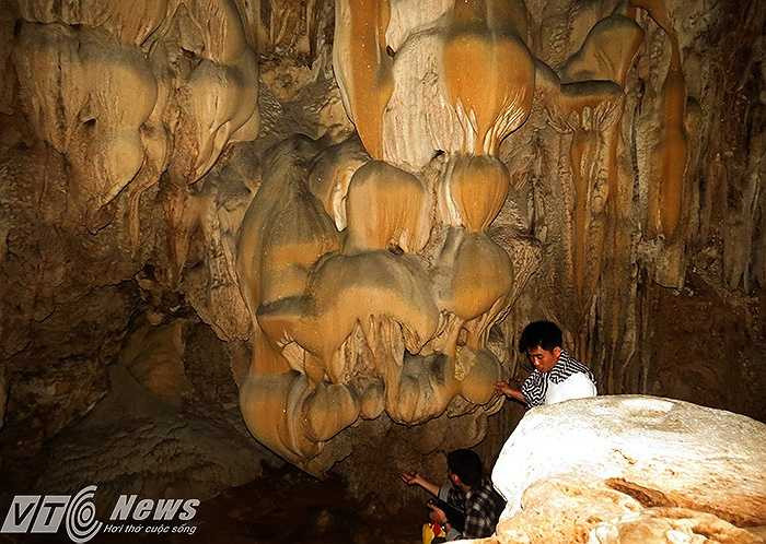 Sở dĩ được tạm gọi là hang Quả Vàng là vì trong hang động này có nhiều hình thù hoa trái màu vàng. Ảnh trên nhìn như chùm 'đào tiên' màu vàng