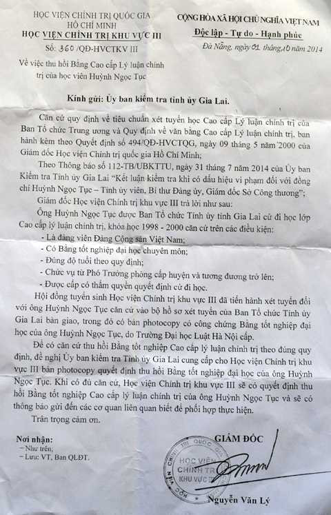 Thu hồi bằng cao cấp chính trị giám đốc Sở tiến thân bằng bằng giả