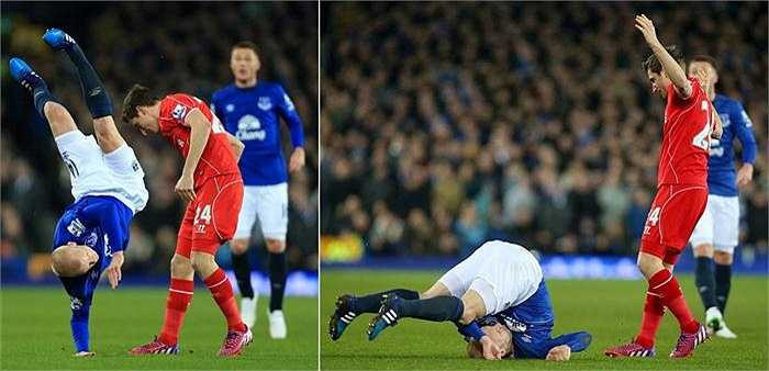 Một pha tiếp đất nguy hiểm của cầu thủ Everton. 