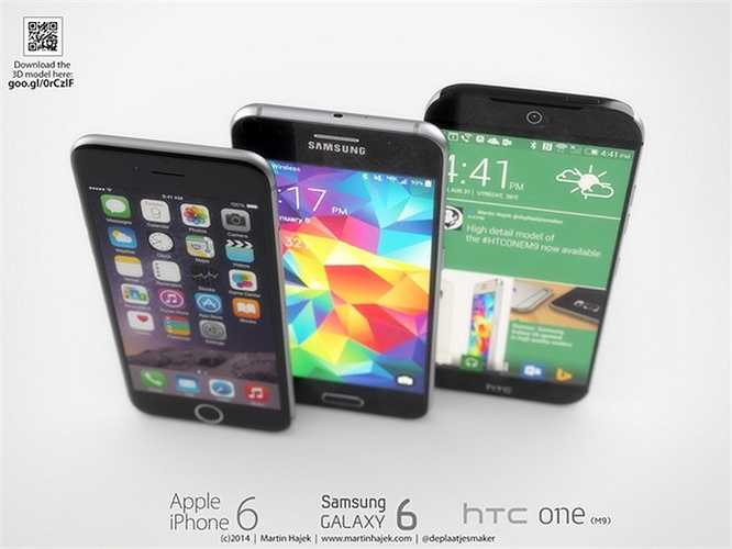 iPhone 6 có màn hình 4,7 inch độ phân giải 750 x 1.334 pixel, trong khi đó tin đồn nói rằng Galaxy S6 và One M9 sẽ nâng lên độ phân giải Quad HD 1.440 x 2.560 pixel, kích thước lần lượt là 5,1 inch và 5,2 inch. Với phím Home vật lý, Apple và Samsung cạnh tranh nhau ở cảm biến vân tay và dịch vụ thanh toán di động.